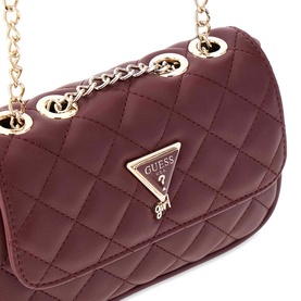 Guess deep maroon quilted crossbody bag with gold-tone chain strap and triangular logo plaque