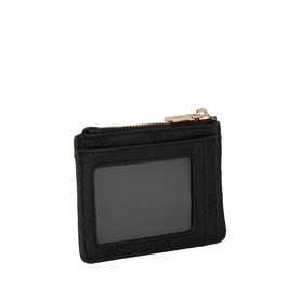 Guess Ella Logo Card Holder in black logo, gold-tone zip, ID window to back, slim silhouette with monogram jacquard pattern