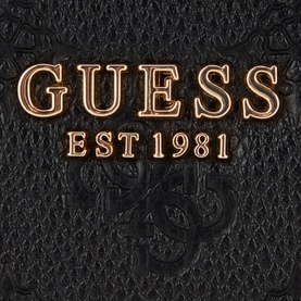 Guess Ella Logo Card Holder in black logo monogram jacquard with gold-tone logo lettering and EST 1981 branding to front