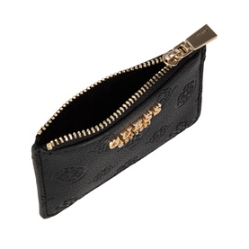 Guess Ella Logo Card Holder in black logo, open top-zip view showing gold-tone hardware and monogram jacquard interior lining.