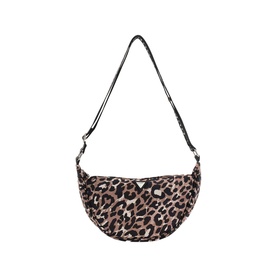Guess leopard print classic crescent bag with black adjustable shoulder strap, silver-tone hardware, structured half-moon silhouette