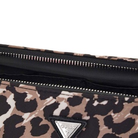Guess bag in leopard print, open zip detail revealing black lining, silver triangle logo hardware visible