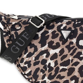 Guess children's leopard print bag with silver triangle logo, black logo strap and zip top closure