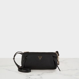 Guess Devon Mini Crossbody Bag in black with gold-tone hardware, triangular logo badge, zip fastening, and adjustable crossbody strap