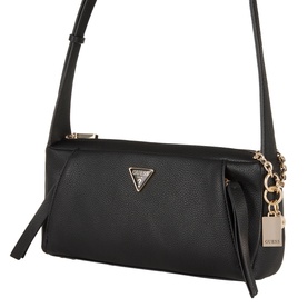 Guess Devon Mini Crossbody Bag in black with gold-tone hardware, triangular logo badge, chain keyring, and adjustable crossbody strap