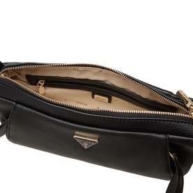 Guess Devon Mini Crossbody Bag in black with gold-tone hardware, shown open revealing beige lining and interior zip pocket