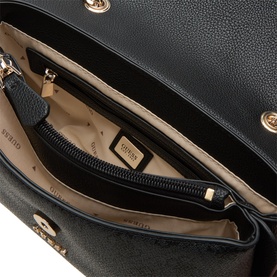 Guess crossbody bag in coal black, open interior view showing beige logo lining, zip pocket, and gold-tone hardware details