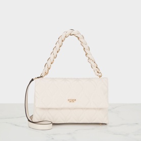 Guess Maxine Quilted Crossbody Bag in off white with chunky chain handle, detachable strap, and gold-tone hardware
