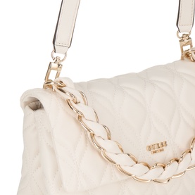 Guess Maxine Quilted Crossbody Bag in off white with gold-tone chain strap, quilted finish, and logo detail on flap closure.