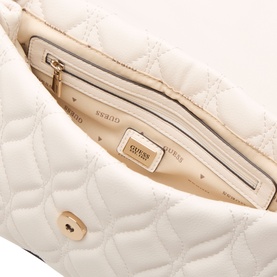 Guess Maxine Quilted Crossbody Bag in off white, open interior view showing cream lining, zip pocket, and gold-tone hardware detail.