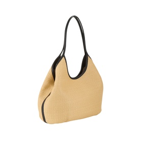 Guess Natural hobo bag in woven straw-effect fabric with black leather-look handles and trim, structured crescent silhouette
