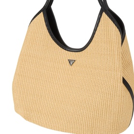 Guess natural hobo bag in woven raffia-style fabric with black faux leather trim, dual handles, and silver triangle logo charm.