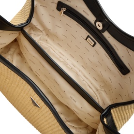 Guess Natural hobo bag interior view, showing branded lining, zip pocket, and gold-tone hardware detail with black trim edging.