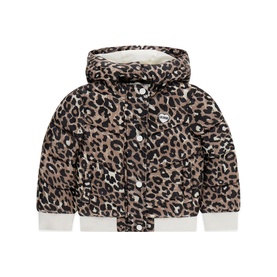 Guess children's leopard print classic hooded puffer jacket with snap buttons and ribbed cuffs