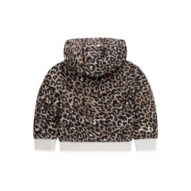 Guess children's leopard print classic jacket, back view showing hood and white ribbed hem and cuffs