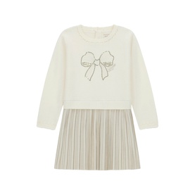 Cream long-sleeve children's dress with embroidered bow detail and gold pleated skirt