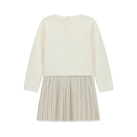 Cream knit top and pleated metallic skirt two-piece children's outfit, long sleeves with button neckline detail