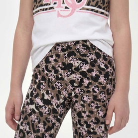 Model wearing Guess Leggings in Animalier 4G Pink leopard print with pink logo pattern, styled with white logo vest top.