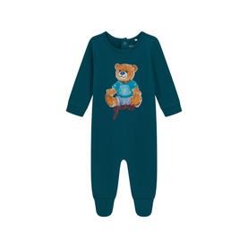 Guess Green Tree romper with long sleeves, footed hem, and teddy bear graphic print on chest