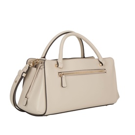 Guess light taupe satchel with gold-tone hardware, zip front pocket, dual top handles and detachable shoulder strap