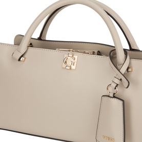 Guess light taupe satchel with gold-tone hardware, twist-lock closure, top handles and logo charm detail