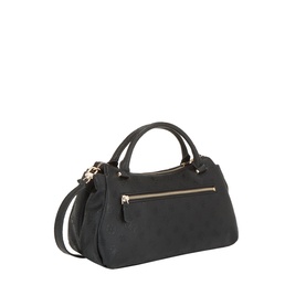 Guess Ella Logo Satchel Bag in black logo jacquard, gold-tone hardware, top handles, exterior zip pocket and detachable crossbody strap.