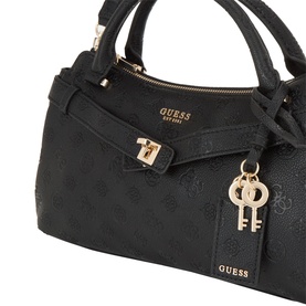 Guess Ella Logo Satchel Bag in black logo jacquard with gold-tone hardware, key charm embellishment, and top carry handles visible.