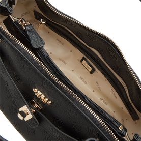 Guess Ella Logo Satchel Bag in black logo, open interior view showing zip pockets, logo lining, and gold-tone hardware detail.