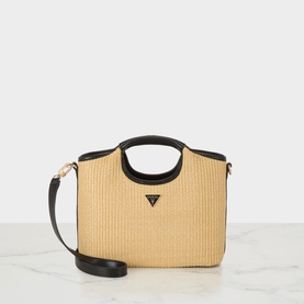 Guess Natural satchel in woven raffia-effect fabric, black leather trim and handles, gold-tone triangle logo, with detachable crossbody strap