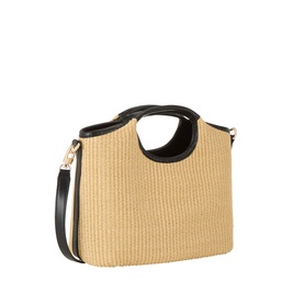 Guess natural woven satchel with black leather top handles, cutout detail, and adjustable black crossbody strap, gold-tone hardware