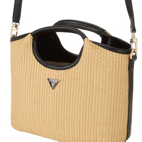 Guess Natural satchel in woven straw-effect fabric, black faux leather trim and handles, gold-tone hardware, with adjustable crossbody strap