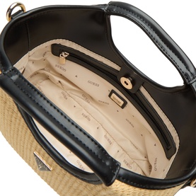 Guess Natural satchel, overhead view showing cream fabric interior with zip pocket, gold-tone hardware, and woven exterior with black leather trim.