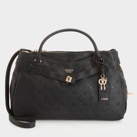 Guess satchel in black logo embossed faux leather, gold-tone hardware, top handles, key charm, and detachable crossbody strap