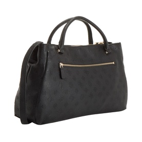 Guess black logo satchel with gold-tone zip pocket, dual top handles and detachable shoulder strap, textured monogram exterior