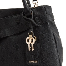 Guess satchel in black logo embossed faux leather, gold-tone key charm and brand tag detail, top handles and zip fastening visible.