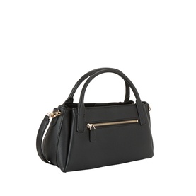 Guess Camelia Logo Satchel Bag in black with gold-tone hardware, dual top handles, front zip pocket, and detachable crossbody strap