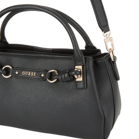 Guess Camelia Logo Satchel Bag in black with gold-tone hardware, logo plate, ring detail, top handles and detachable crossbody strap visible.