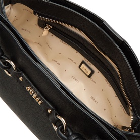 Guess Camelia Logo Satchel Bag in black with gold-tone zip, open top view showing branded cream interior lining and inner compartment.