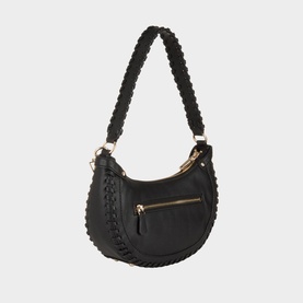 Guess Petra Small Braided Hobo Bag in black with gold-tone hardware, braided trim detailing, woven shoulder strap and back zip pocket