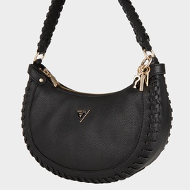 Guess Petra Small Braided Hobo Bag in black with gold-tone hardware, braided trim detailing, triangular logo badge, and curved silhouette