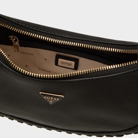 Guess Petra Small Braided Hobo Bag in black, open interior view showing gold-tone zip, cream lining, and triangular logo badge