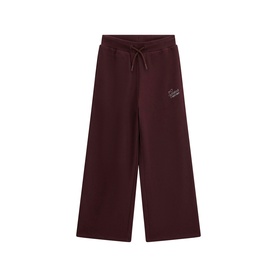 Dark burgundy wide-leg drawstring joggers with embroidered script logo at left hip, elasticated waistband, relaxed fit