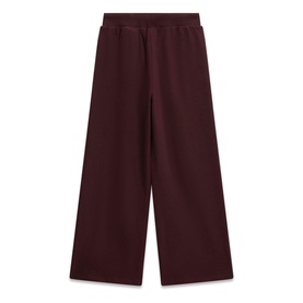 Deep burgundy wide-leg trousers with elasticated waistband and relaxed fit, flat lay on white background