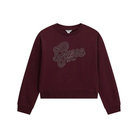 Guess Deep Maroon children's sweat top with embroidered script logo on chest, crew neck, and long sleeves