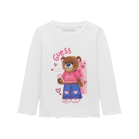 Guess Pure White long-sleeve children's T-shirt with teddy bear graphic wearing pink top and denim skirt, heart details