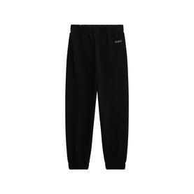 Black jogger sweatpants with elasticated waist and cuffed ankles, small logo print at left hip