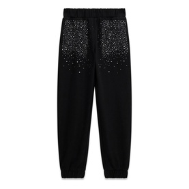 Black jogger sweatpants with scattered silver crystal embellishment across the rear, elasticated waistband and cuffed ankles