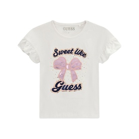 Guess Pure White children's T-shirt with "Sweet like Guess" print, pink sequin bow graphic, and frill sleeves