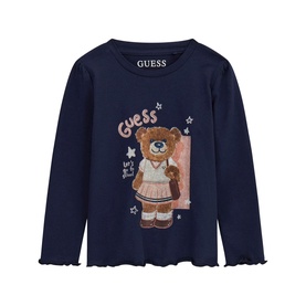 Guess children's long-sleeve T-shirt in Suiting Blue with teddy bear graphic print and frill hem detail