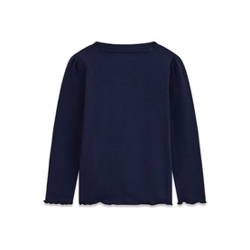 Guess children's long-sleeve T-shirt in Suiting Blue, back view, with lettuce-edge hem detail at cuffs and waist.